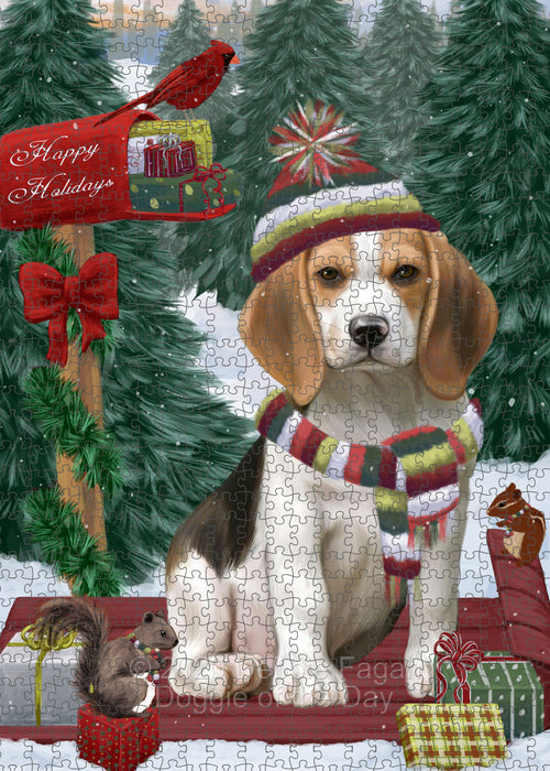 Christmas Woodland Sled Beagle Dog Portrait Jigsaw Puzzle for Adults Animal Interlocking Puzzle Game Unique Gift for Dog Lover's with Metal Tin Box PZL867