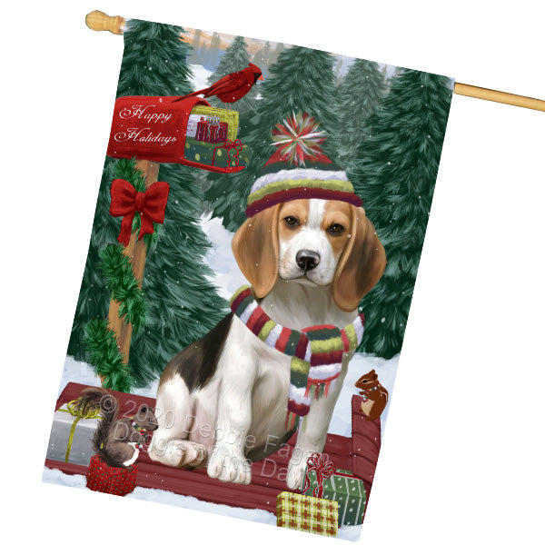 Christmas Woodland Sled Beagle Dog House Flag Outdoor Decorative Double Sided Pet Portrait Weather Resistant Premium Quality Animal Printed Home Decorative Flags 100% Polyester FLG69544