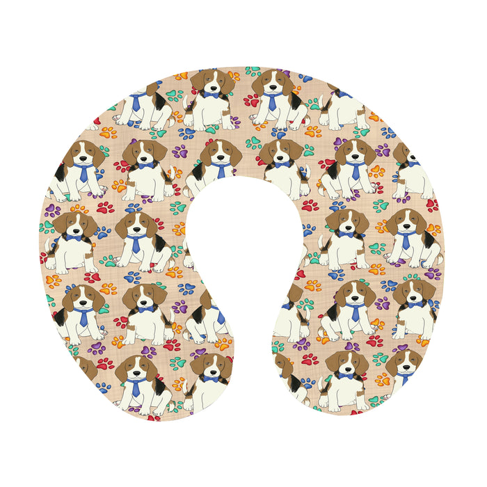 Rainbow Paw Print Beagle Dogs Blue U-Shape Travel Pillow