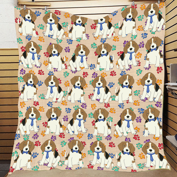 Rainbow Paw Print Beagle Dogs Blue Quilt