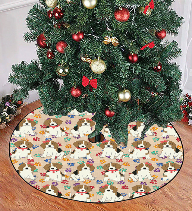 Rainbow Paw Print Beagle Dogs Red Christmas Tree Skirt