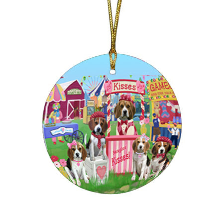 Carnival Kissing Booth Beagles Dog Round Flat Christmas Ornament RFPOR56136