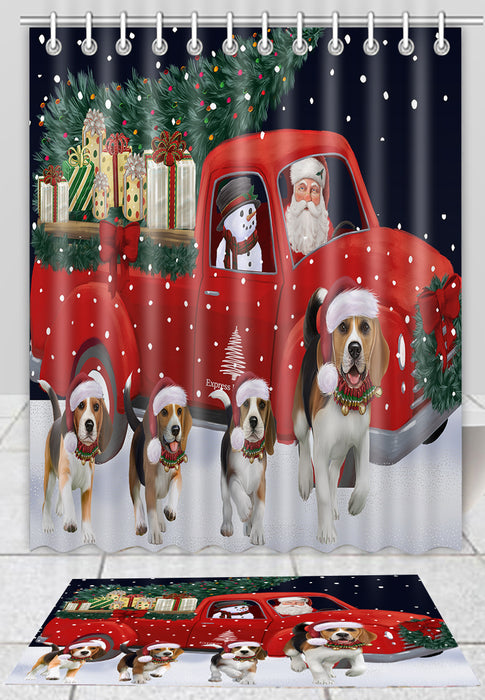 Christmas Express Delivery Red Truck Running Beagle Dogs Bath Mat and Shower Curtain Combo