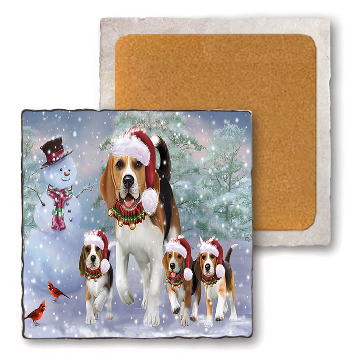 Christmas Running Family Dogs Beagles Dog Set of 4 Natural Stone Marble Tile Coasters MCST49218