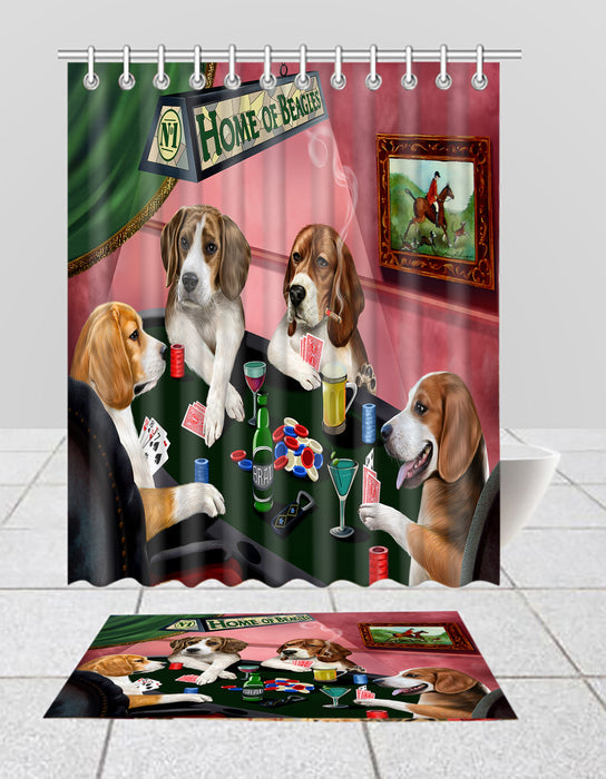 Home of  Beagle Dogs Playing Poker Bath Mat and Shower Curtain Combo