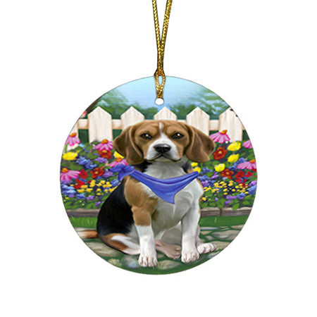 Spring Floral Beagle Dog Round Flat Christmas Ornament RFPOR49773