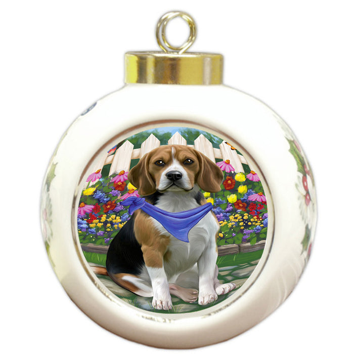Spring Floral Beagle Dog Round Ball Christmas Ornament RBPOR49782