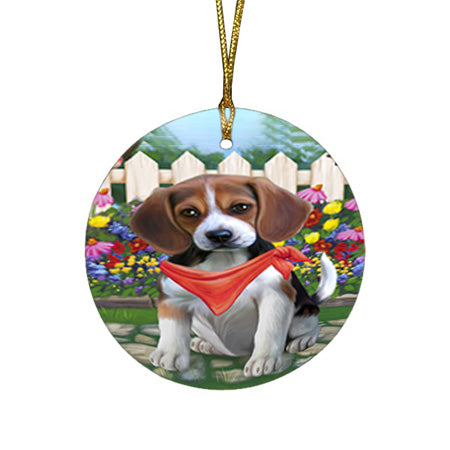 Spring Floral Beagle Dog Round Flat Christmas Ornament RFPOR49775