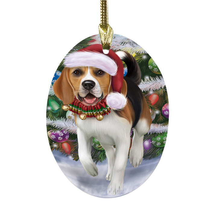 Trotting in the Snow Beagle Dog Oval Glass Christmas Ornament OGOR49426