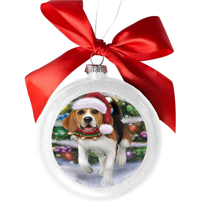 Trotting in the Snow Beagle Dog White Round Ball Christmas Ornament WBSOR49426