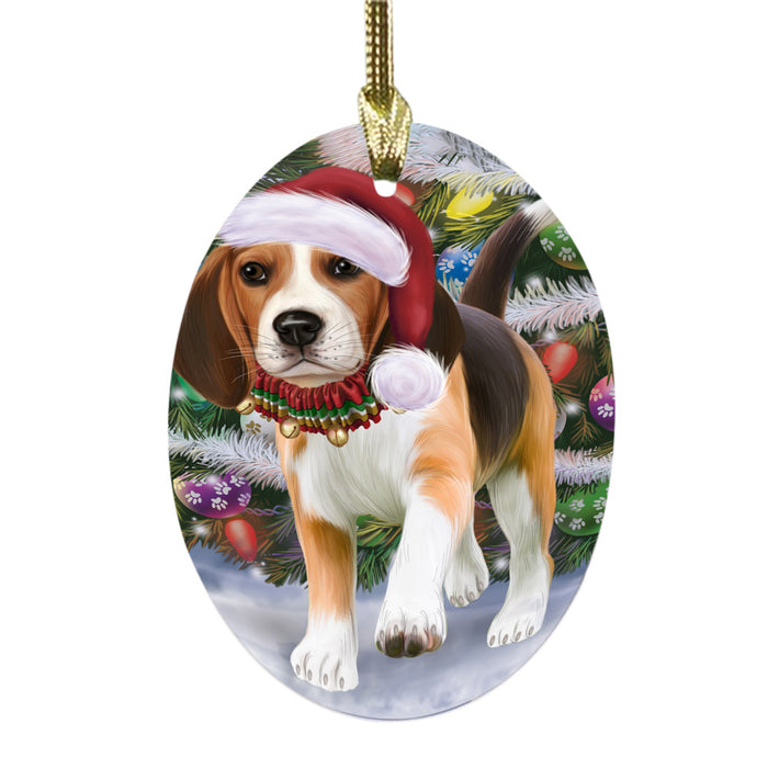 Trotting in the Snow Beagle Dog Oval Glass Christmas Ornament OGOR49427