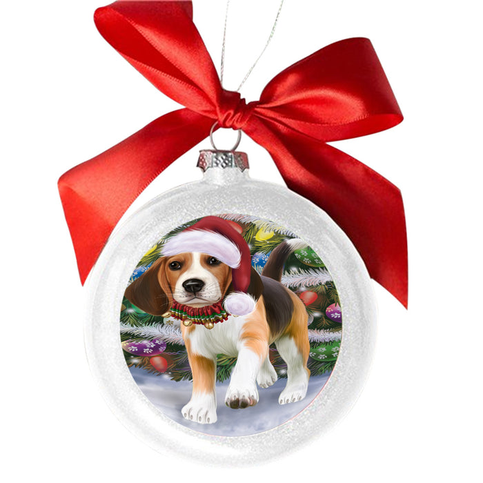 Trotting in the Snow Beagle Dog White Round Ball Christmas Ornament WBSOR49427