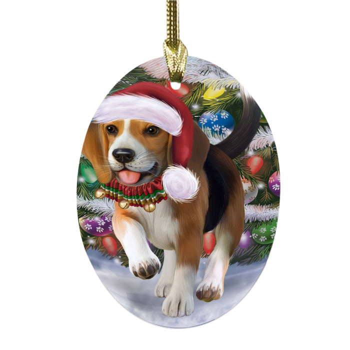 Trotting in the Snow Beagle Dog Oval Glass Christmas Ornament OGOR49428