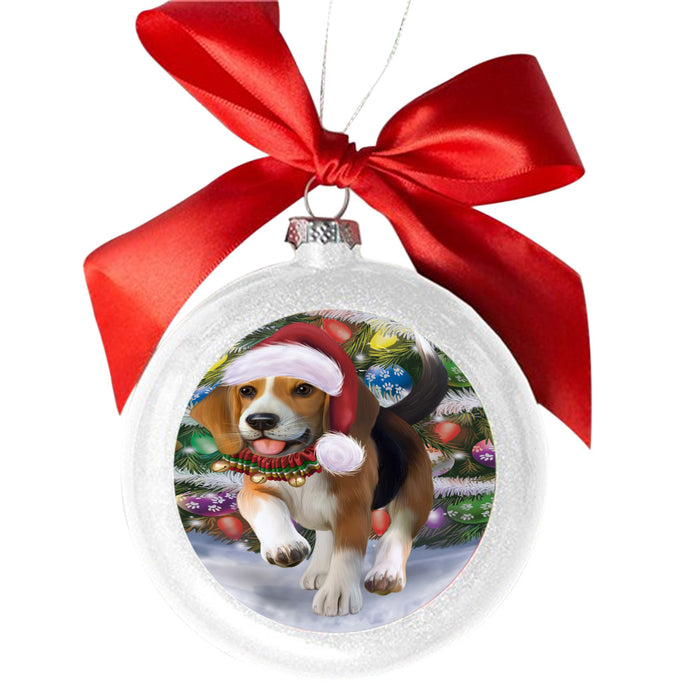 Trotting in the Snow Beagle Dog White Round Ball Christmas Ornament WBSOR49428