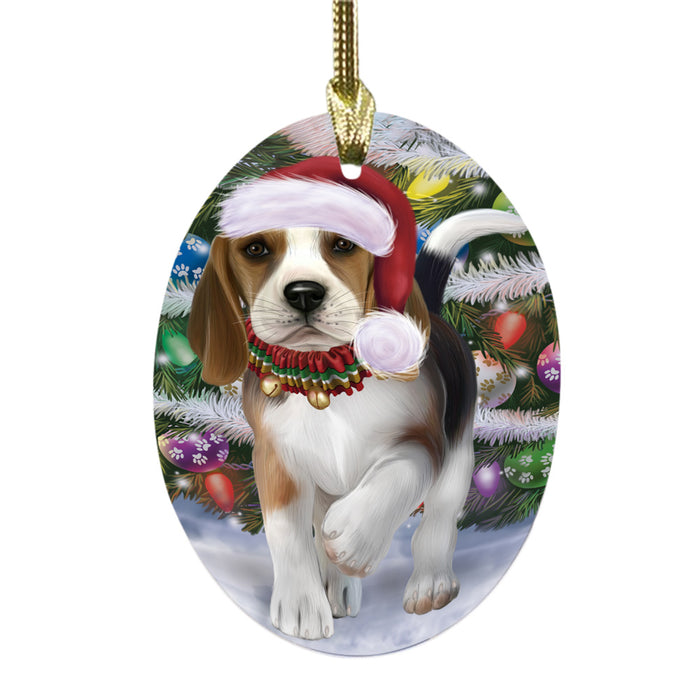 Trotting in the Snow Beagle Dog Oval Glass Christmas Ornament OGOR49429