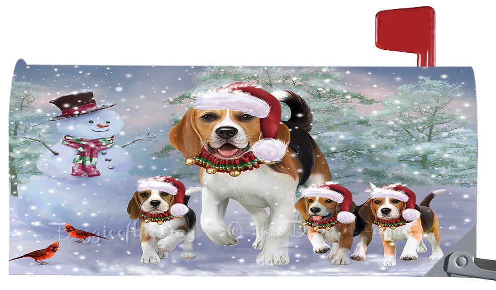 Christmas Running Family Beagle Dogs Magnetic Mailbox Cover Both Sides Pet Theme Printed Decorative Letter Box Wrap Case Postbox Thick Magnetic Vinyl Material