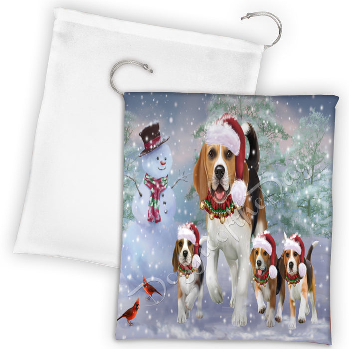 Christmas Running Fammily Beagle Dogs Drawstring Laundry or Gift Bag LGB48201