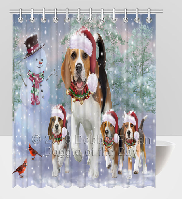 Christmas Running Fammily Beagle Dogs Shower Curtain