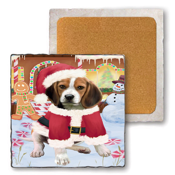 Christmas Gingerbread House Candyfest Beagle Dog Set of 4 Natural Stone Marble Tile Coasters MCST51165