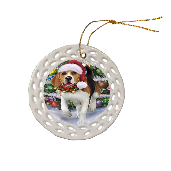 Trotting in the Snow Beagle Dog Ceramic Doily Ornament DPOR54688