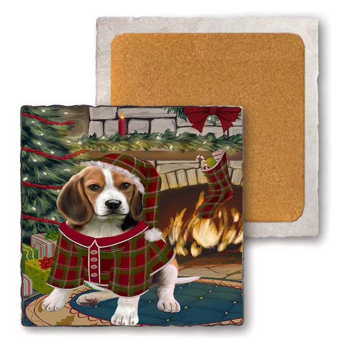 The Stocking was Hung Beagle Dog Set of 4 Natural Stone Marble Tile Coasters MCST50192