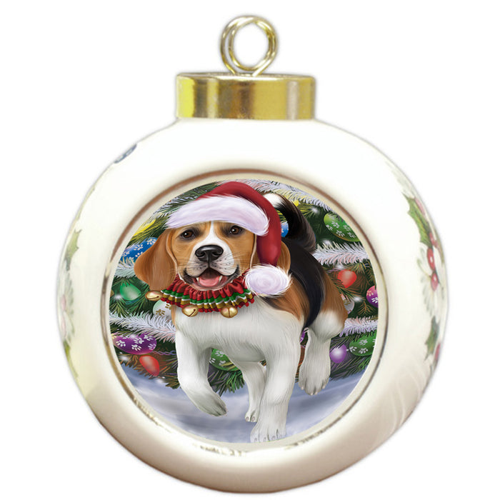 Trotting in the Snow Beagle Dog Round Ball Christmas Ornament RBPOR54688