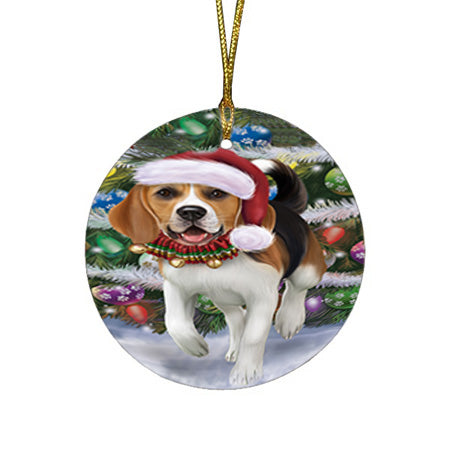 Trotting in the Snow Beagle Dog Round Flat Christmas Ornament RFPOR54679