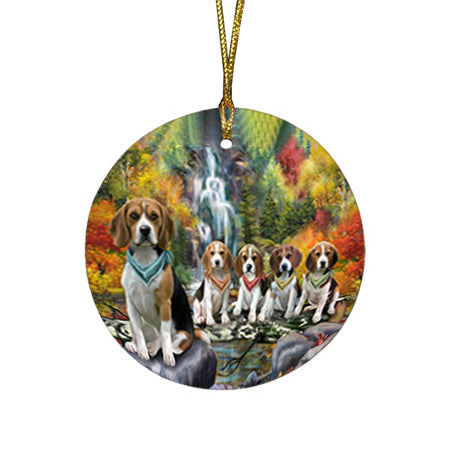 Scenic Waterfall Beagles Dog Round Flat Christmas Ornament RFPOR51809