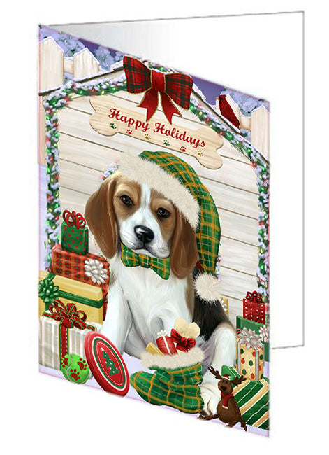 Happy Holidays Christmas Beagle Dog House with Presents Handmade Artwork Assorted Pets Greeting Cards and Note Cards with Envelopes for All Occasions and Holiday Seasons GCD58001