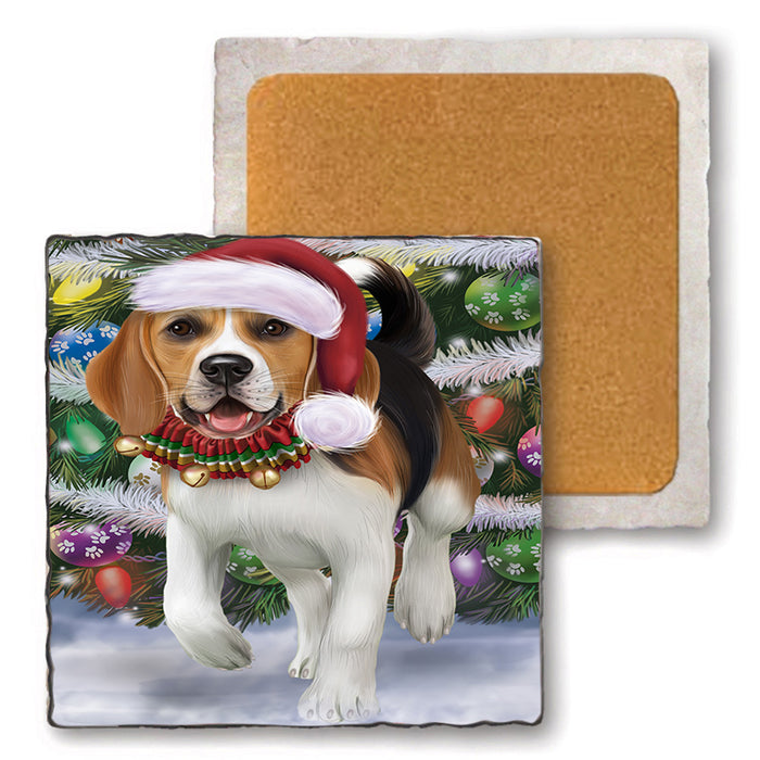 Trotting in the Snow Beagle Dog Set of 4 Natural Stone Marble Tile Coasters MCST49560