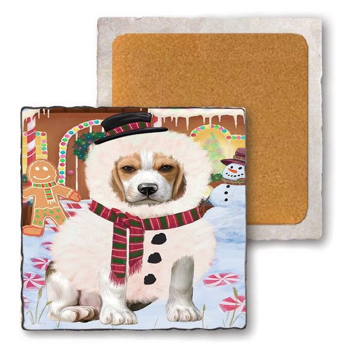 Christmas Gingerbread House Candyfest Beagle Dog Set of 4 Natural Stone Marble Tile Coasters MCST51166