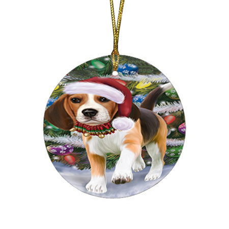 Trotting in the Snow Beagle Dog Round Flat Christmas Ornament RFPOR54680