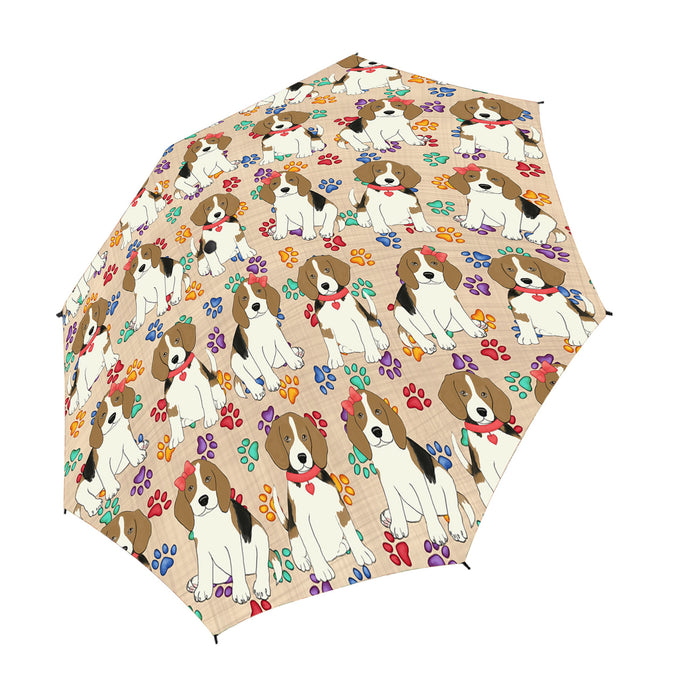 Rainbow Paw Print Beagle Dogs Red Semi-Automatic Foldable Umbrella