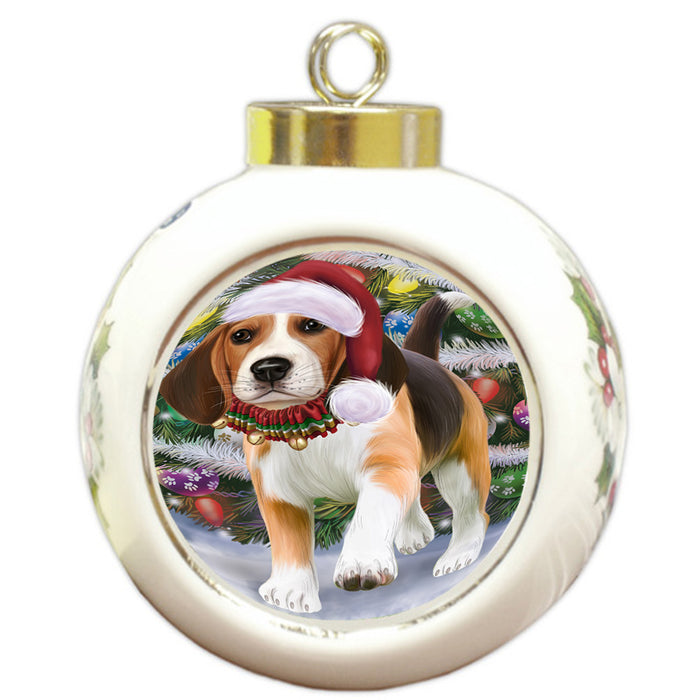Trotting in the Snow Beagle Dog Round Ball Christmas Ornament RBPOR54689