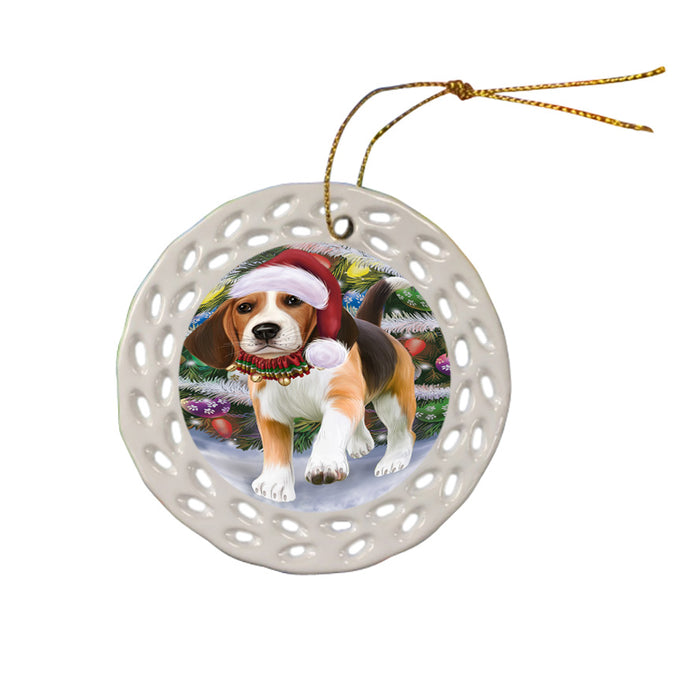 Trotting in the Snow Beagle Dog Ceramic Doily Ornament DPOR54689