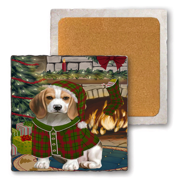 The Stocking was Hung Beagle Dog Set of 4 Natural Stone Marble Tile Coasters MCST50193