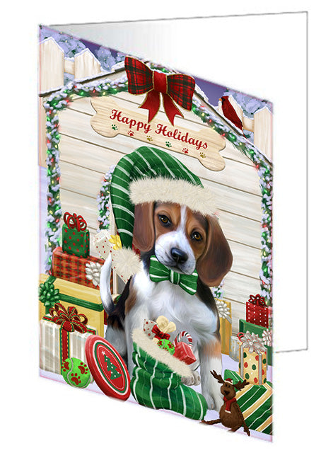 Happy Holidays Christmas Beagle Dog House with Presents Handmade Artwork Assorted Pets Greeting Cards and Note Cards with Envelopes for All Occasions and Holiday Seasons GCD58004
