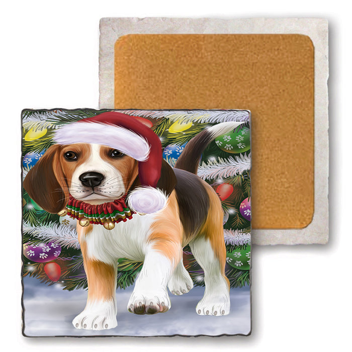 Trotting in the Snow Beagle Dog Set of 4 Natural Stone Marble Tile Coasters MCST49561