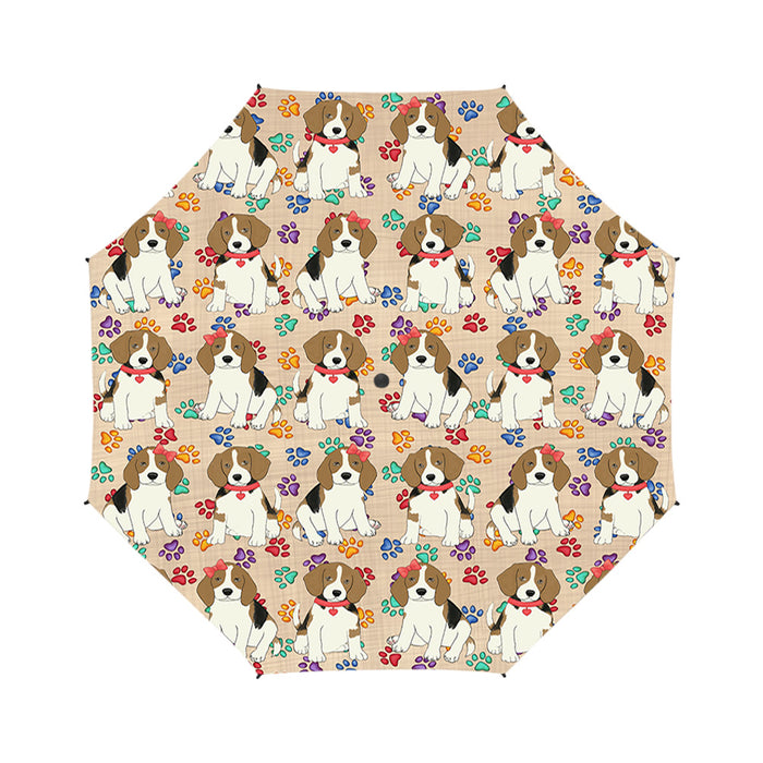 Rainbow Paw Print Beagle Dogs Red Semi-Automatic Foldable Umbrella