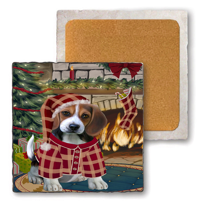 The Stocking was Hung Beagle Dog Set of 4 Natural Stone Marble Tile Coasters MCST50194