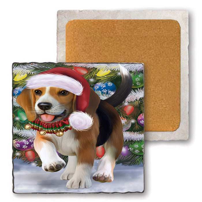 Trotting in the Snow Beagle Dog Set of 4 Natural Stone Marble Tile Coasters MCST49562