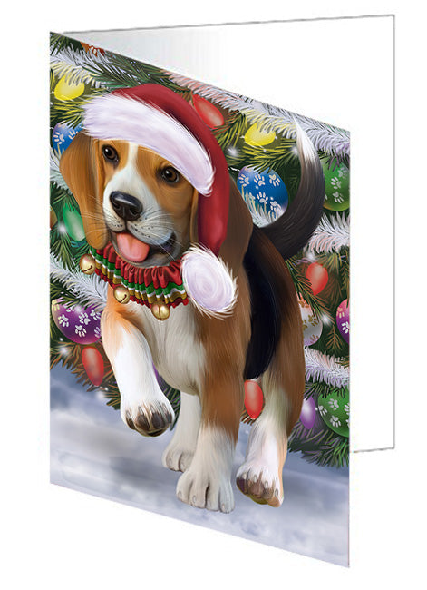Trotting in the Snow Beagle Dog Handmade Artwork Assorted Pets Greeting Cards and Note Cards with Envelopes for All Occasions and Holiday Seasons GCD68099