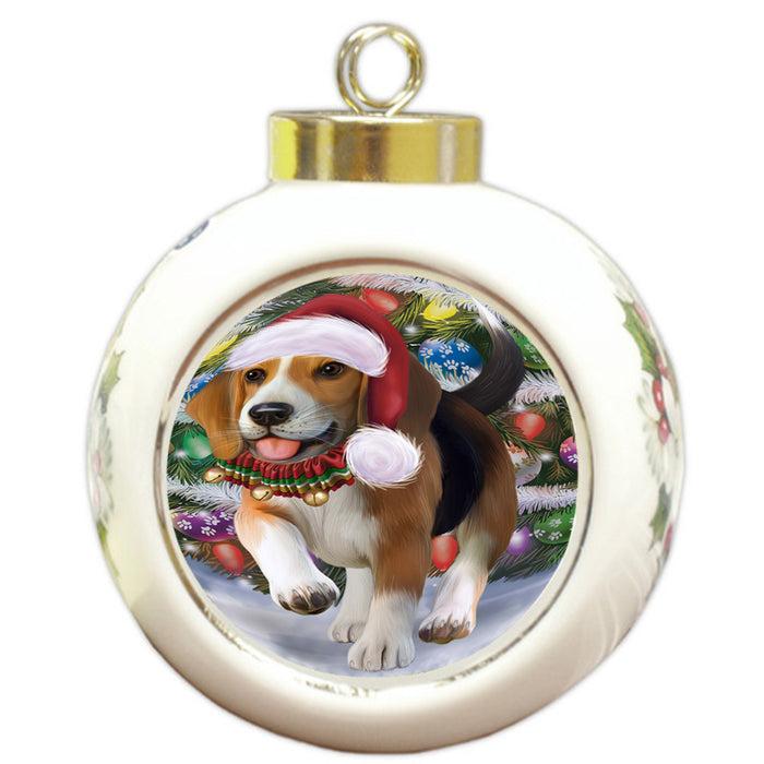 Trotting in the Snow Beagle Dog Round Ball Christmas Ornament RBPOR54690