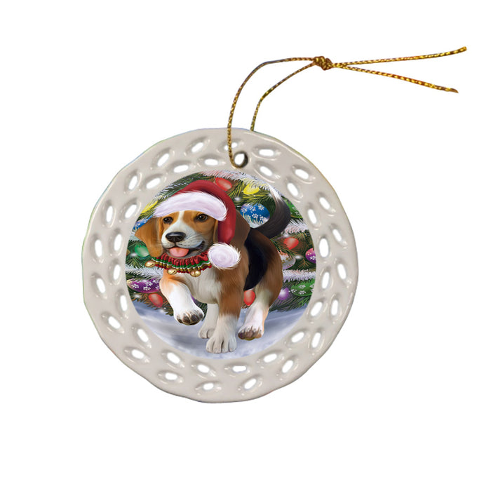 Trotting in the Snow Beagle Dog Ceramic Doily Ornament DPOR54690