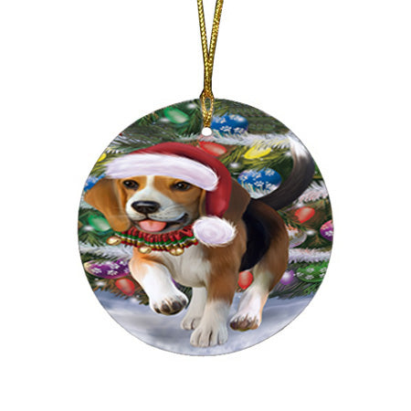 Trotting in the Snow Beagle Dog Round Flat Christmas Ornament RFPOR54681