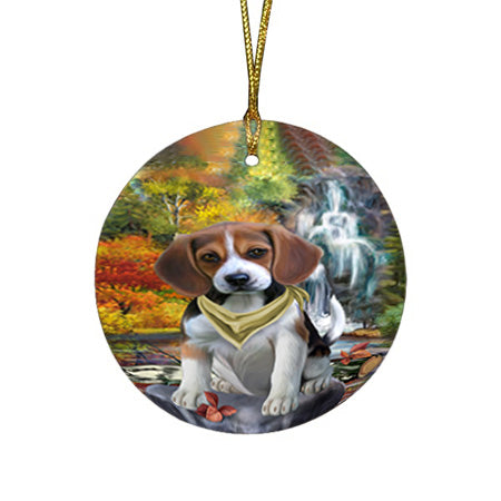 Scenic Waterfall Beagle Dog Round Flat Christmas Ornament RFPOR51811
