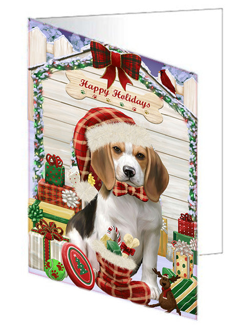 Happy Holidays Christmas Beagle Dog House with Presents Handmade Artwork Assorted Pets Greeting Cards and Note Cards with Envelopes for All Occasions and Holiday Seasons GCD58007