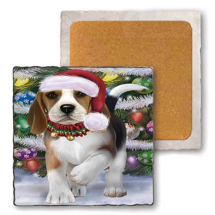 Trotting in the Snow Beagle Dog Set of 4 Natural Stone Marble Tile Coasters MCST49563