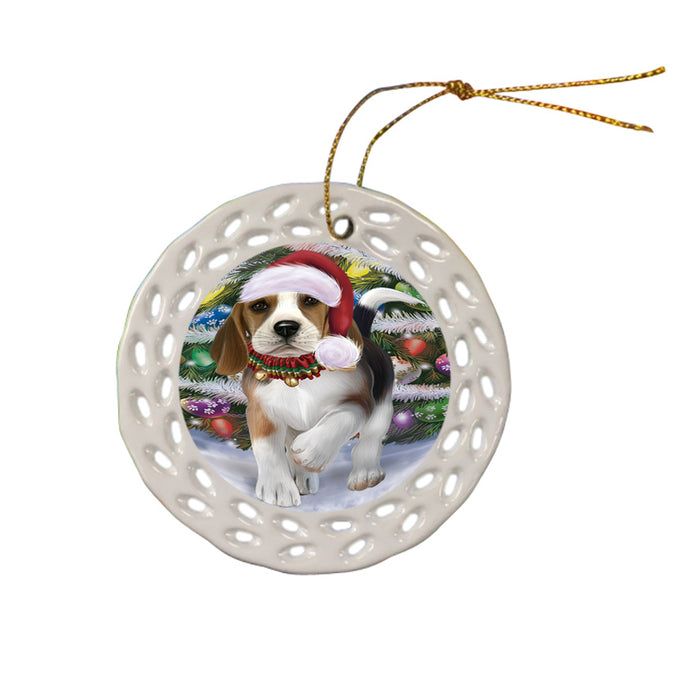 Trotting in the Snow Beagle Dog Ceramic Doily Ornament DPOR54691