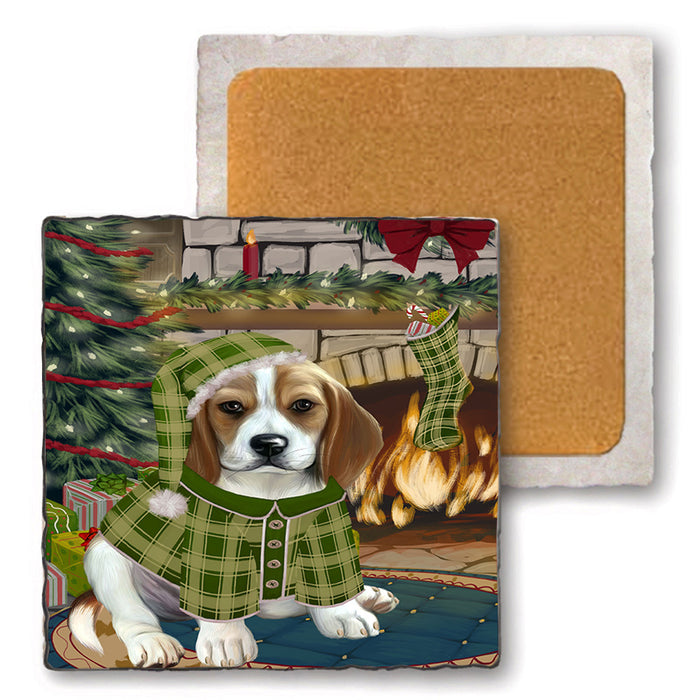 The Stocking was Hung Beagle Dog Set of 4 Natural Stone Marble Tile Coasters MCST50195